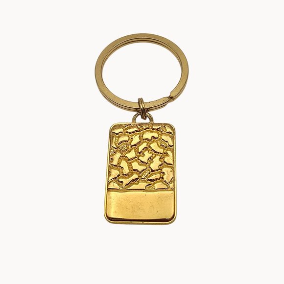 Gold-Toned Rectangular Square Gold Nugget Shaped Key Chain Ring Accessory Gift - Picture 1 of 5